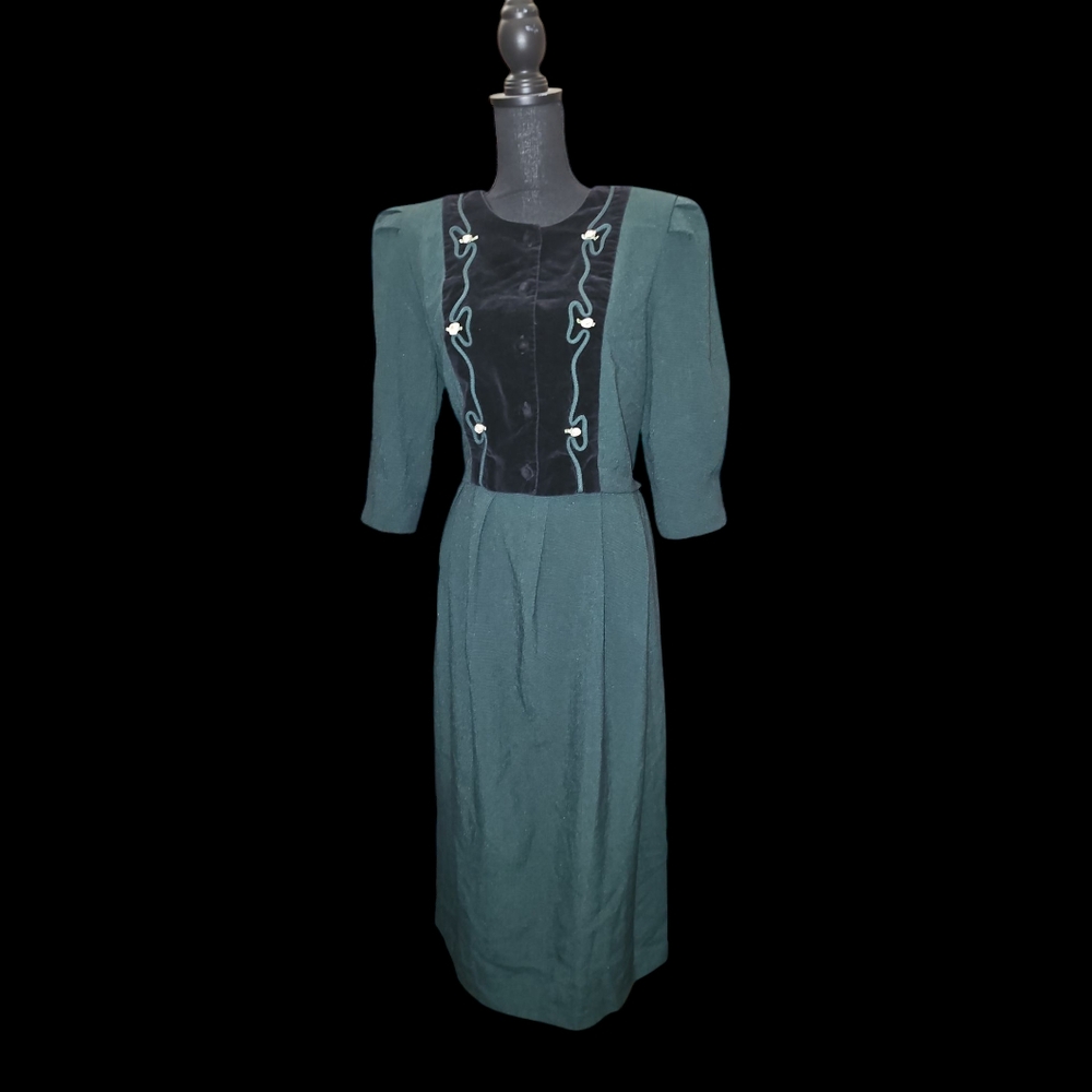 Vintage 80s Miss Dorby Green Black Velvet Maxi Dress 14 Modest Holiday Tie